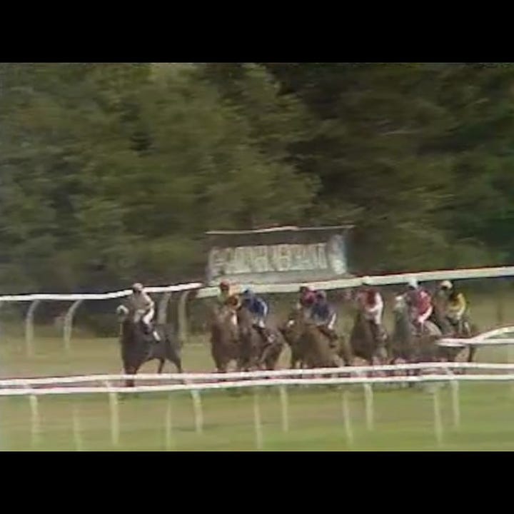 Left: horse racing on the pub telly, with Onslow and Richard present. Right: the same footage, full frame.