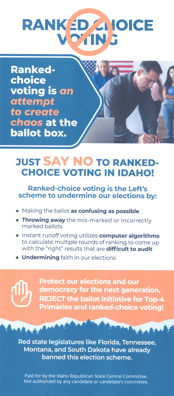 Idaho GOP Palm Card -- Front and Back -- explains why Idaho must say NO to Ranked Choice Voting. Click either image for a larger view.