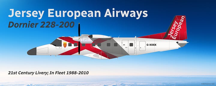 Jersey European Airways passenger fleet at end of 2002: 1) Avro RJ85, 2) ATR 72, 3) ATR 42, and 4) Dornier 228 - all seen in current livery, all shown in side view.