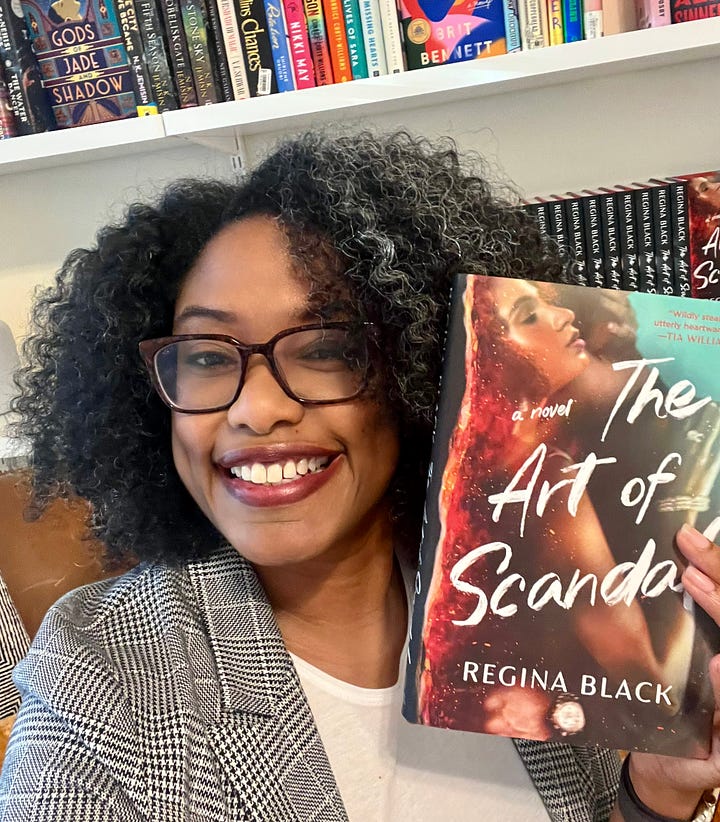 On the left is picture of the author, Regina Black, holding up a copy of her book. On the right is a photo of four copies of The Art of Scandal on shelf in front of a line of more copies. 
