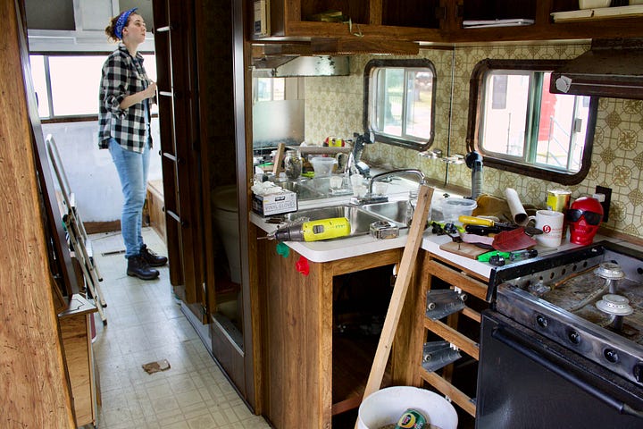 vintage trailer shown in disrepair and after renovations, painting and decorating