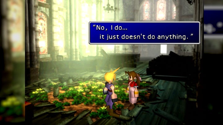 Juxtaposition of Aerith's reaction to Cloud teasing her about the White Materia between Remake and original.