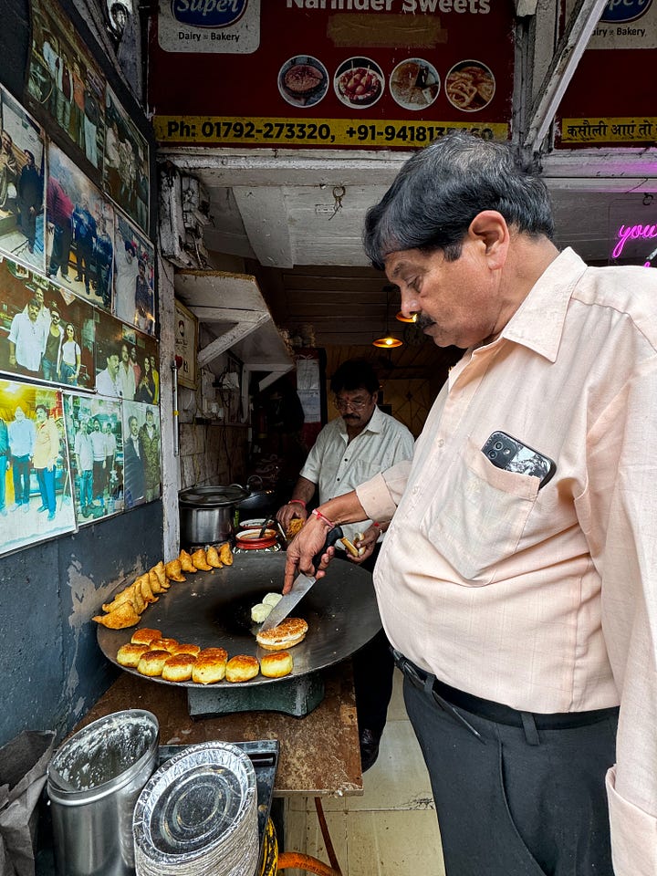 Kasauli Heritage Market foods: samosa pav, jalebi, vegetarian fried kebabs and vegetarian momos