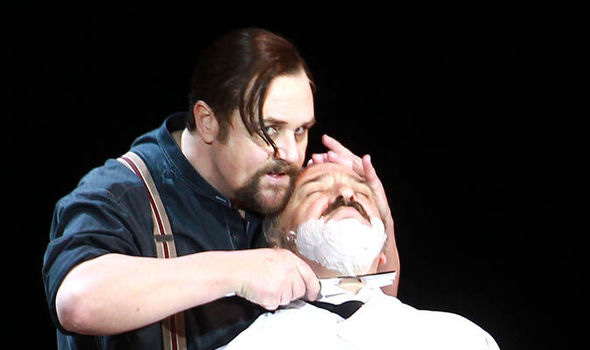Michael Ball as Sweeney Todd preparing to cut a throat The Jets in Stephen Spielberg's West Side Story walking though a 1950s New York Street