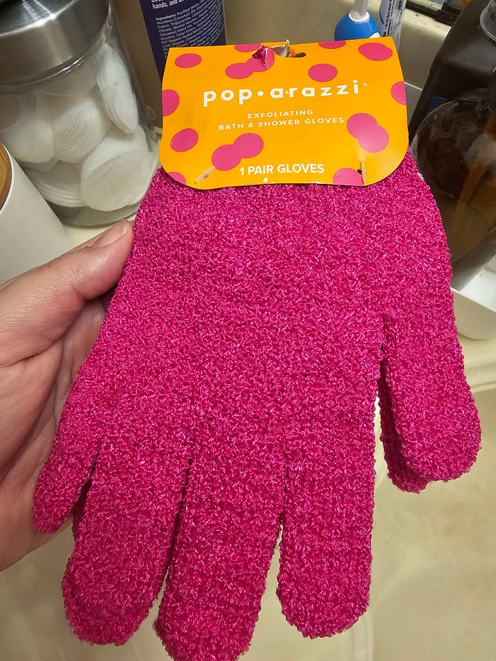 Self care, scrubbing gloves, body lotion 