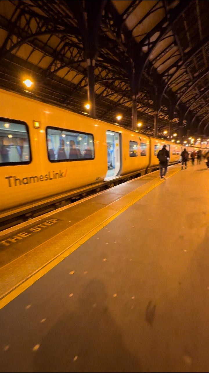 The image on the left shows a Thames Link train standing in Brighton station with its high ceilings and sepia hue. The image on the right shows the Beryl e-bike