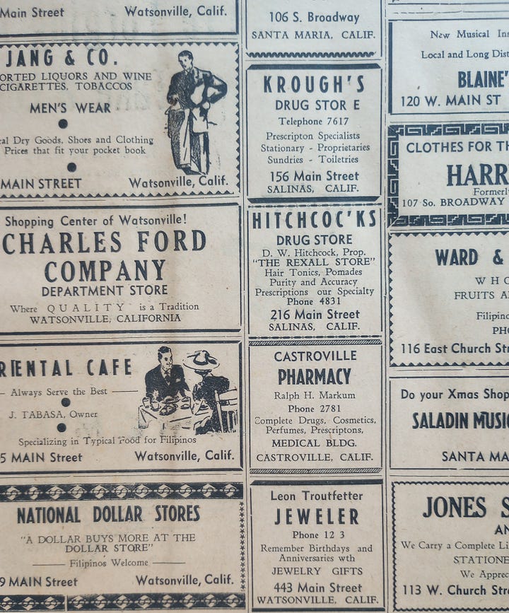 Old black and white advertisements in the Philippine Star News. One of the ads is a photograph of the storefront of the Philippine American Dry Goods Store, in Salinas, CA, with proprietors standing out front under an awning.