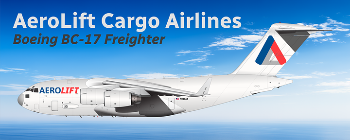 The current AeroLift Cargo Airlines fleet: 1) Boeing 747-400ERF, 2) Antonov An-124 Ruslan, 3) Boeing BC-17, 4) Lockheed Martin LM-100J Hercules.