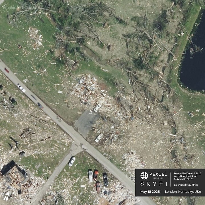 Damage from a tornado and storms in London, Kentucky, USA | Powered by Vexcel © 2025 Vexcel Imaging US, Inc. | Delivered by SkyFi® | Graphic by Brady Africk