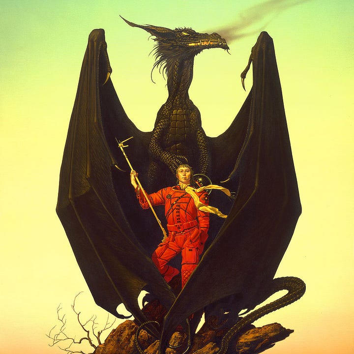 LEFT: Detail from AMAZING DRAGON featuring a man in red spacesuit standing on a rocky perch and a black dragon wrapping its wings around him protectively. RIGHT: Close detail featuring a black dragon turning its head in profile. Dark smoke wafts from its mouth cracked in a line to expose the fire burning within.