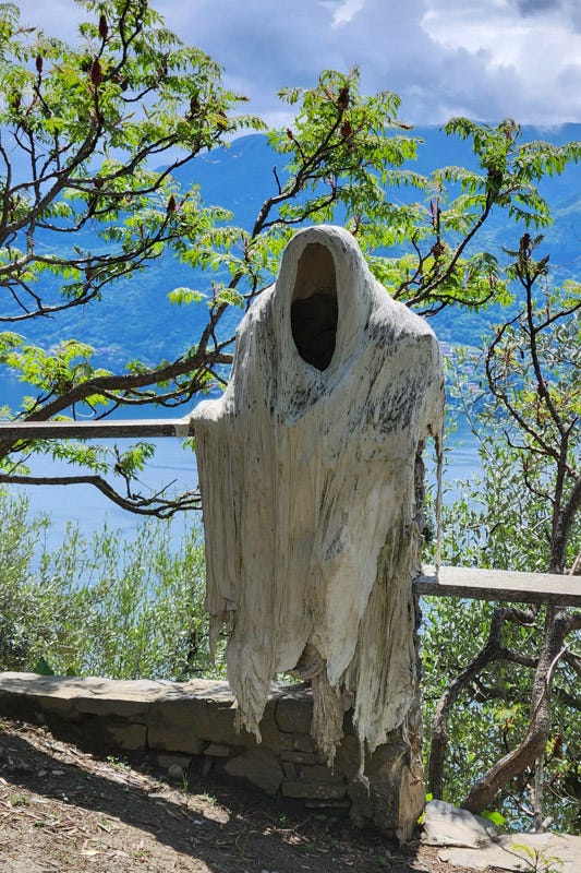 Ghost sculptures at Castello di Vezio near Varenna, Italy on Lake Como