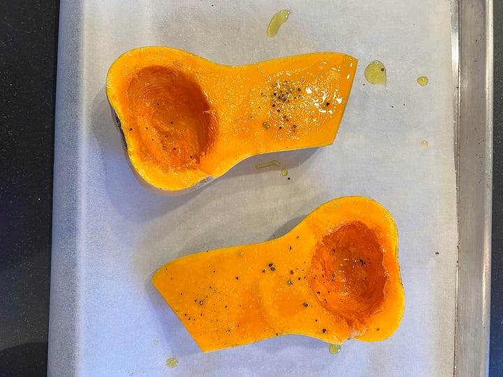 Butternut squash, cut and prepped to roast