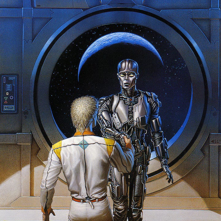 LEFT: Detail from ROBOTS AND EMPIRE featuring a humanoid form of Daneel shaking hand of Giskard, a metallic robot, in front of large circular viewport. RIGHT: Close detail of Giskard over Daneel's shoulder as they shake hands.