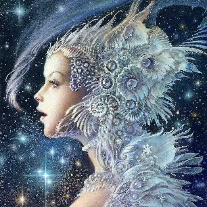 LEFT: Detail from NIGHTFROST featuring a closer view of her face and headdress. RIGHT: Close detail from NIGHTFROST featuring snowflakes of various design falling on her feathery gown.