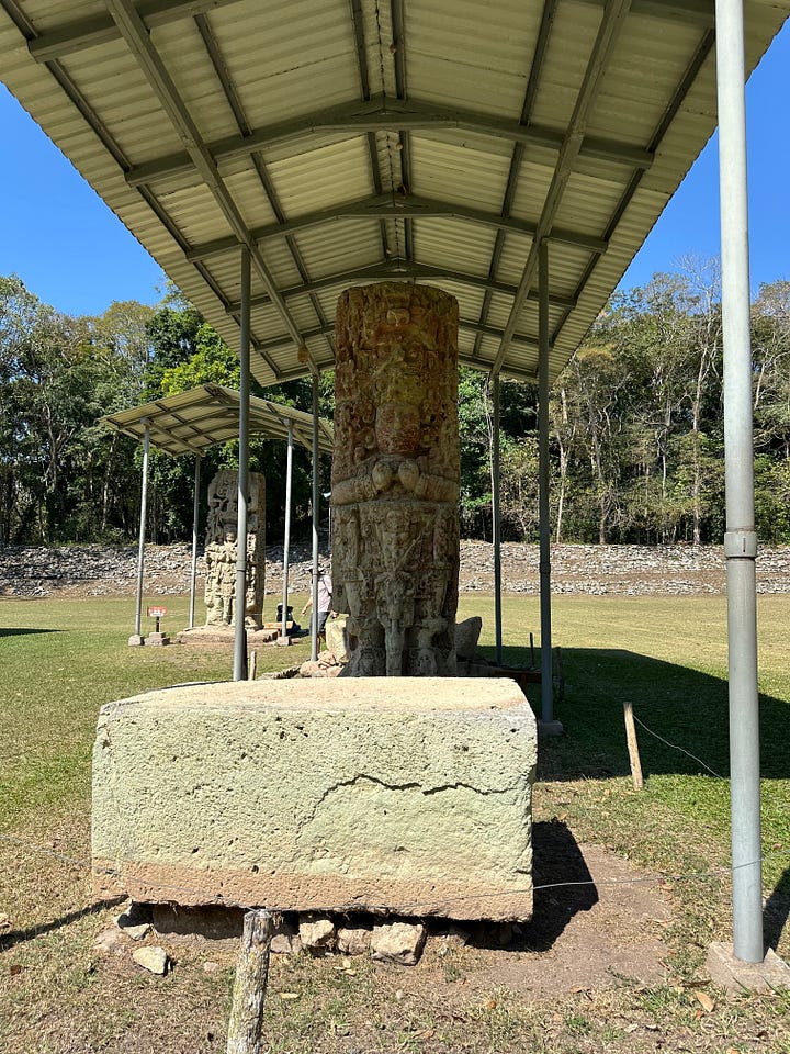 Visiting Copán Ruins, the Amazing Ancient Maya City 4 Stelae representing Washaklahun-Ubah-K'awil, known as 18-Rabbit in the Great Plaza of Copán