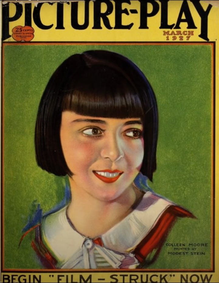 Moore on the cover of Picture-Play magazine, 1927, and Rooney in front of Moore's castle at the MOSI in Chicago, 2023.