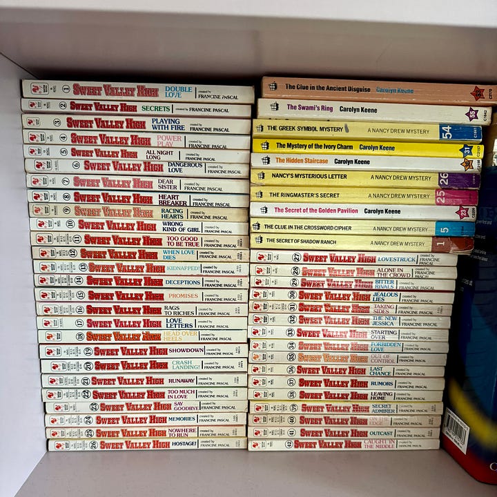 Some of Natalie Lue's collection of books she read in her teens, including vintage Judy Blume, Virginia Andrews, Sweet Valley High, and Nancy Drew