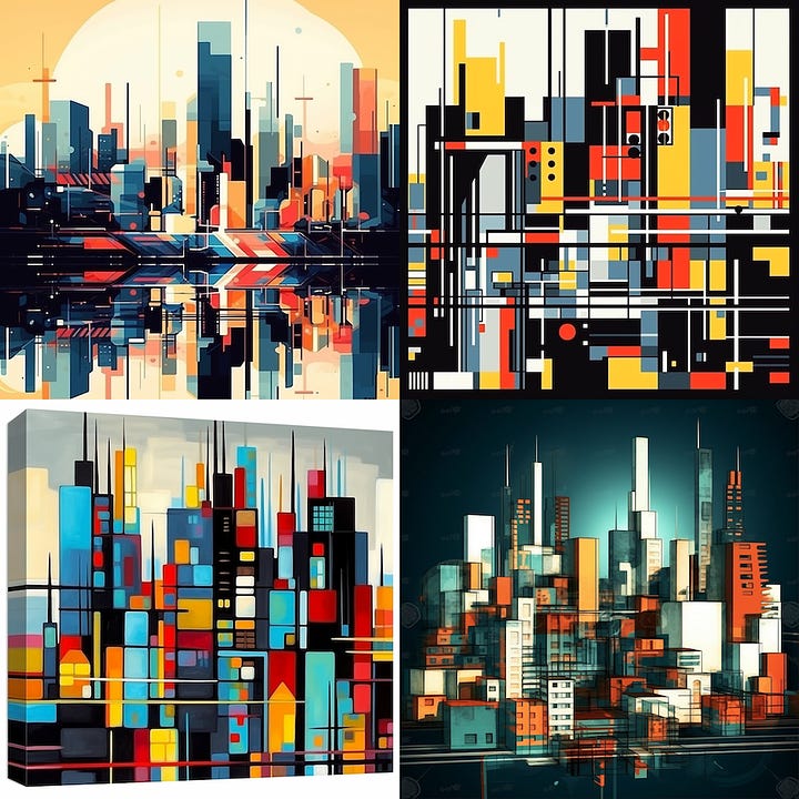 Results for "futuristic cityscape" in the top left. The other 3 images add "in hand-drawn sketch style," "in Mondrian style," and "in ukiyo-e style," respectively.