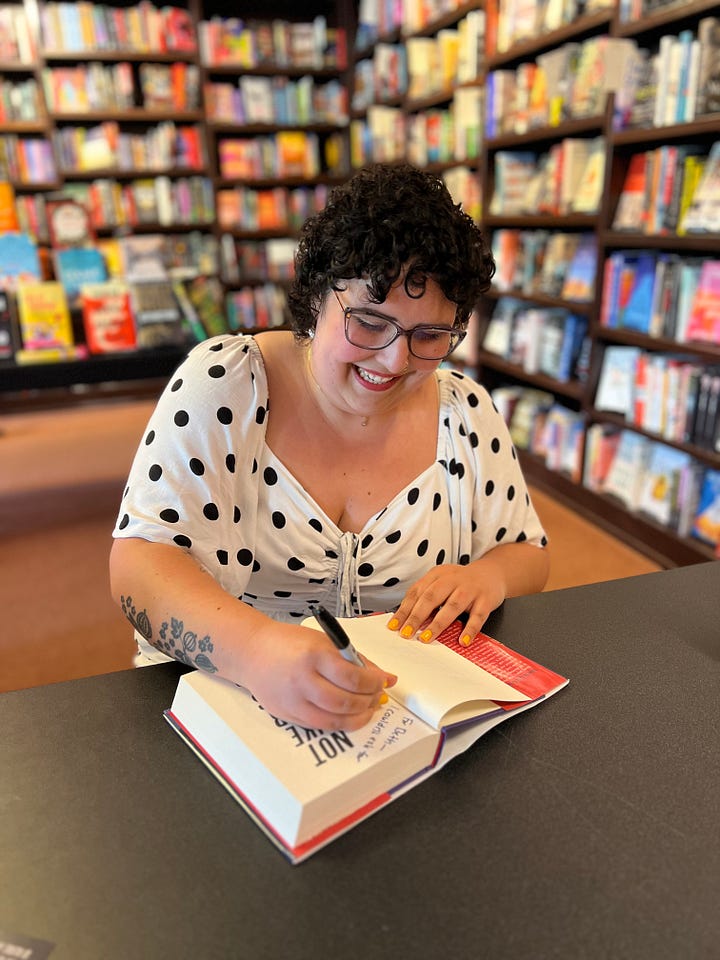 1. Meredith Adamo signing her book, 2. authors staning with Meredith, 3. Meredith on stage with Sarah Dessen, 4. authors waiting in the audience with their copies of the book