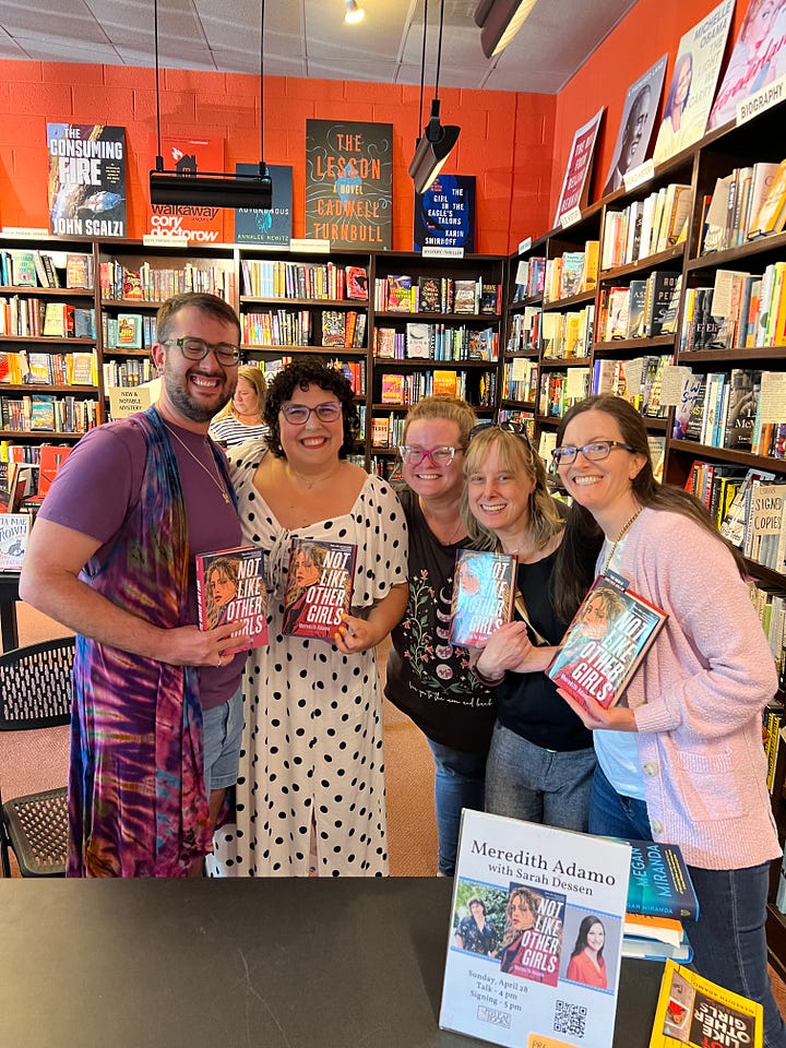 1. Meredith Adamo signing her book, 2. authors staning with Meredith, 3. Meredith on stage with Sarah Dessen, 4. authors waiting in the audience with their copies of the book