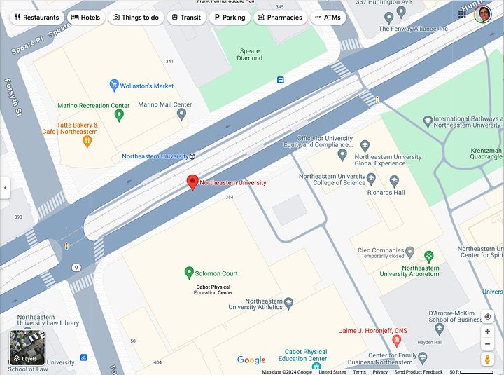 Two maps depicted from Google Maps. The one on the right is a zoomed in version of the one on the left. The one on the right shows more details.