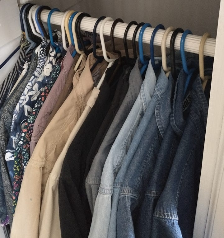 Shirs, hats, sweatshirts and yes, even underwear, arranged in color-coordinated rows in drawers and on hangers.