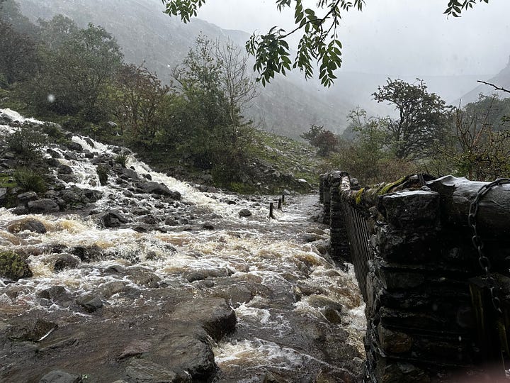 Photo on the left is a guy hiking over a dry rock bed. On the right is the same rock bed, covered with rushing whitewater, taken by me a couple of weeks ago.