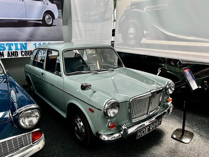 Four photos of cars at The Great British Car Journey. A: 1974 Austin 1300  B: 1968 MG 1300 C: 1968 Ford Anglia Estate D: 1966 Jaguar E-Type Fixed Head Coupe Image: Roland's Travels 2023