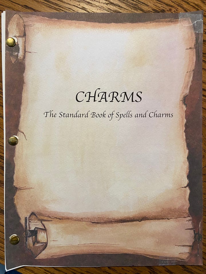 Two images: the cover of the Charms books and the inside of book with a sentence to copy.