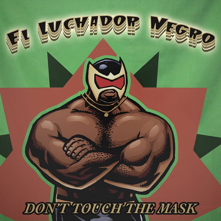 2 images. Left: album cover for El Luchador Negro EP "Don't Touch the Mask." Right: Myself dressed in costume as El Luchador Negro wearing Luchador Mask during performance at a comic shop.