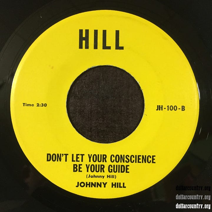 Label images of 45 rpm record of Johnny Hill's Stranger In Our Town