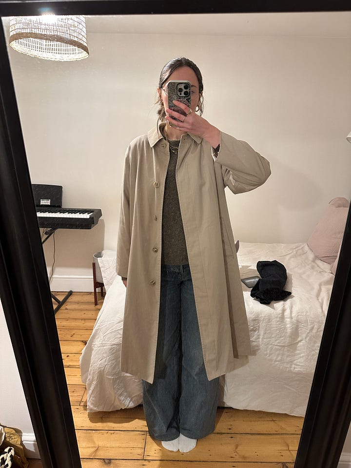 Left photo of light beige vintage trench coat. Right photo of Marge Sherwood Boston bag in brown with bag charm from playground garden.