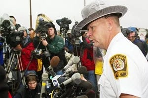 Left: An image of a sheriff talking to a crowd of reporters. Right: A photo of an old quarry.