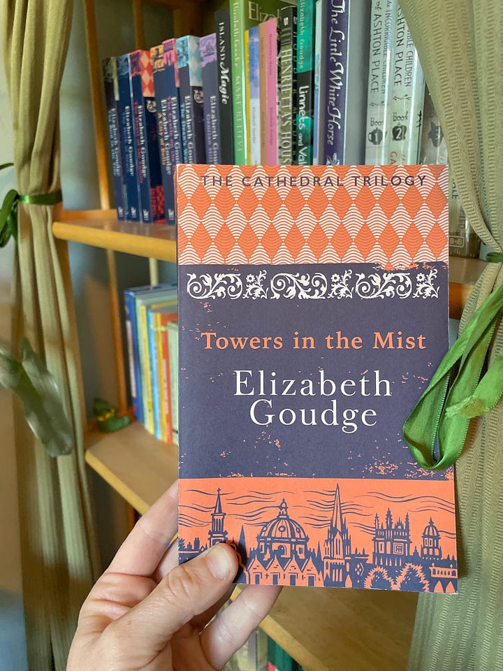 Anna's favorite edition of Linnets & Valerians; her collection of Goudge's children's books by Girls Gone By Publishers; her adult Goudge novels by Hodder Books; and her favorite adult Goudge novel, the Hodder edition of Towers in the Mist