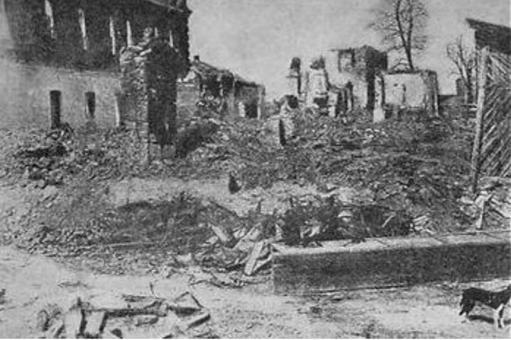 Left: photo of European town destroyed by pogrom in 19th century; right, Israeli kibbutz destroyed by terrorists on Oct. 7, 2023.