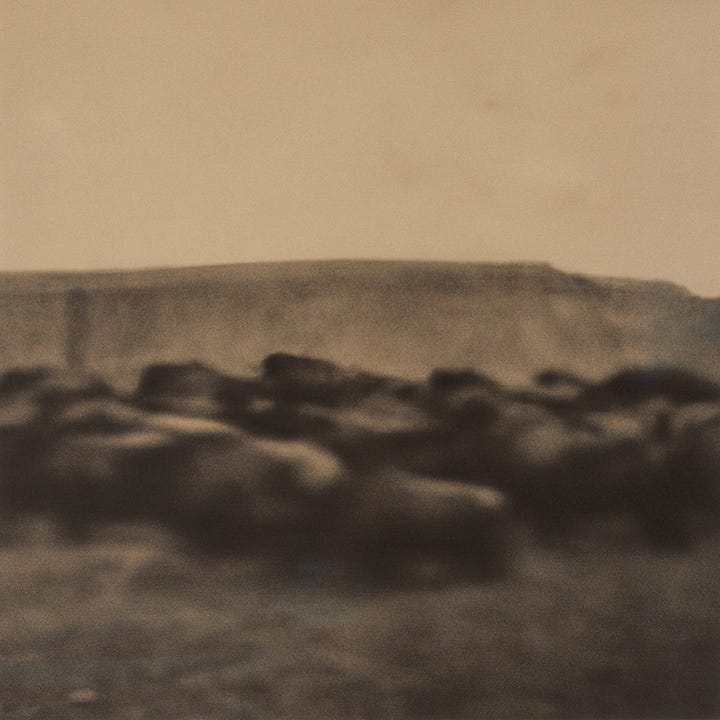 Two AI-generated images depicting sepia-toned landscapes in the style of early photography.