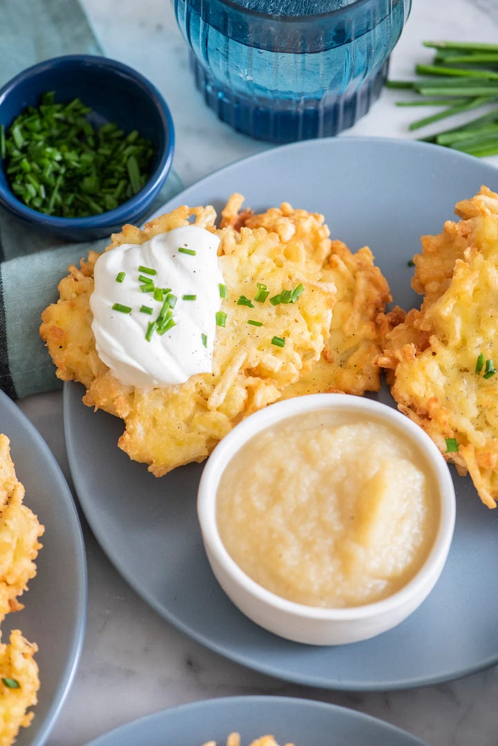 Image 1: potato pancakes (latkes) with sour cream and small bowl of applesauce; Image 2: bowl of chicken soup with carrots, celery, and parsley 