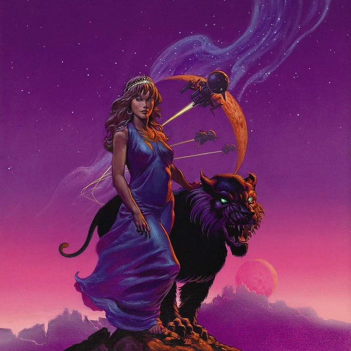 LEFT: Detail from DIADEM FROM THE STARS featuring a woman in sleeveless gown and ornamental headband standing on a rocky peak against a backdrop of purple and pink. Her hand rests on a black great cat, alien with green glowing eyes and fur fanning from its cheeks as it bares its teeth. RIGHT: Close detail from DIADEM FROM THE STARS featuring Aleytys wearing a golden diadem. A moon rises next to her with an ethereal trail wafting behind like smoke. The burn trails of three spaceships cross the shaded surface of the moon as they rocket past.