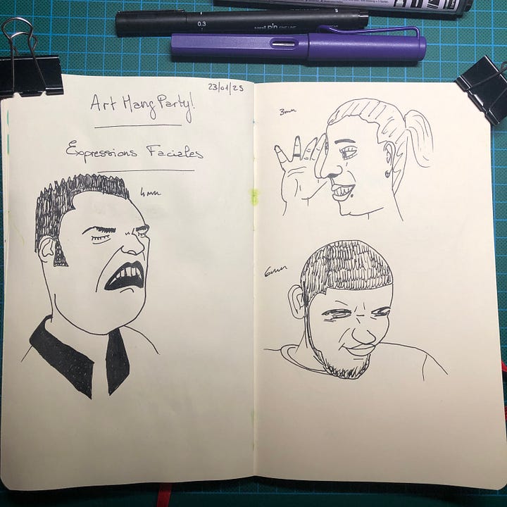 Photos de mon sketchbook posé sur mon tapis de découpe. On y voit les 14 portraits que j'ai dessiné pendant la session, ainsi que les stylos et feutre que j'ai utilisés.