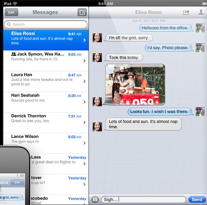 Marketing images for iOS 5 featuring fake text messages