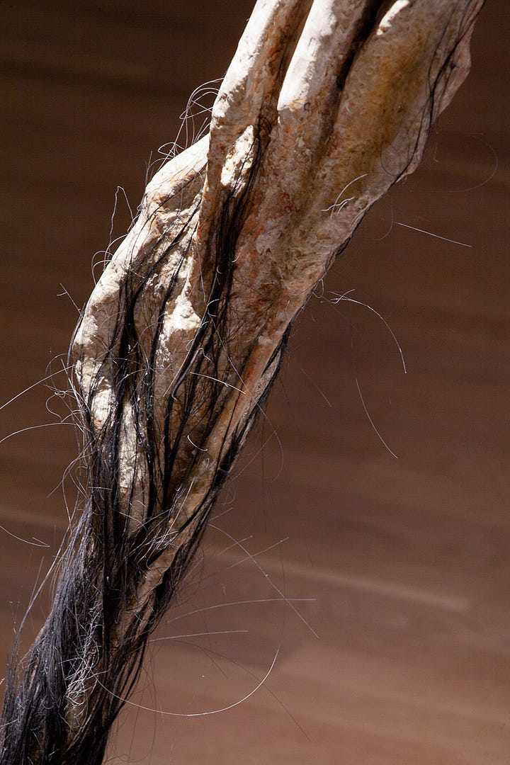 Two images of the sculpture. The image on the left shows the whole sculpture which includes a bony arm shaped like an upside down V. The arm is attached to a heavy stone by a twisted braid of hair. the stone is being dragged in a circle in a cement trough. On the right is a close up of the bony arm.