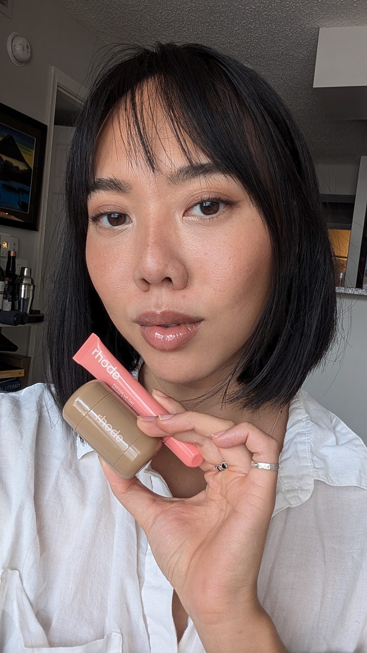 Rhode limited edition lip tints in Peach Pit and Freckle; pocket blush