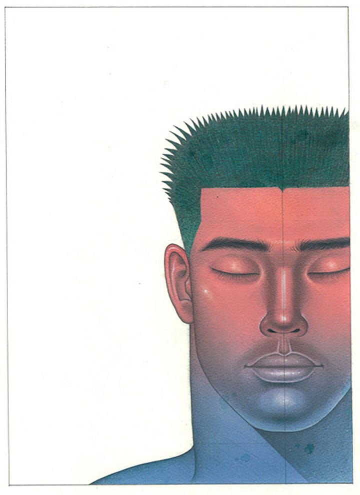 1) A blue portrait of a man's face is seen on a light blue canvas. He is surrounded by rocks, pebbles, a feather, a lizard, and a seashell. 2) An Asian man with short spiky hair is seen against a white background. His skin is a half orange and half blue gradient. He looks peaceful with his eyes closed. 3) A large face of a man is surrounded by different colored rulers and tape measures. His face is made of several different colors, like blue, green, white, orange, and pink. He has blue eyes and is staring straight ahead. 4) A large muscular Asian man with traditional Japanese tattooed arms and pecs is standing against a brown speckled background. He is wearing a necklace with a gold pendant, and he has a white rope bandana on his head. There is red and white, and blue and white tape in the top, and he is surrounded by yellow rope, some of which is in his mouth.