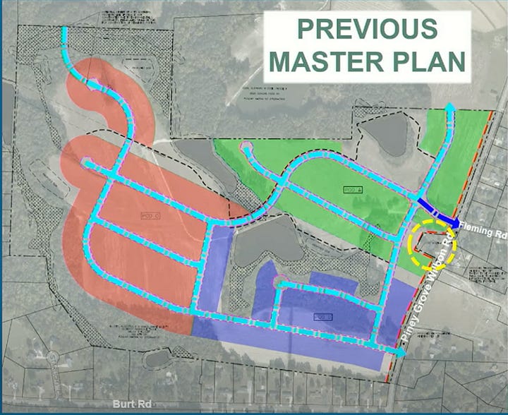 Images show the previous master plan with the gap in the road while the updated plan shows the gap is gone.