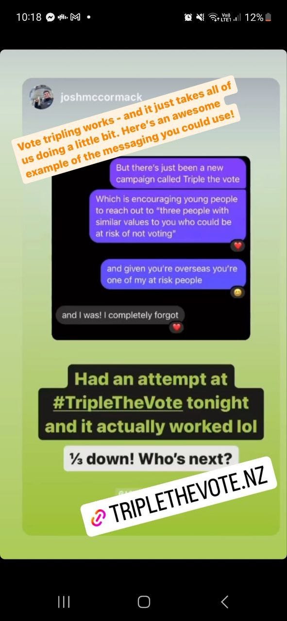Two screenshots of instagram dms: one where the person has shared an image showing that you do not have to be a permanent resident to vote, and the other person replies "Thanks Dhanya, didn't know this so have just signed up two voters who didn't know they were eligible :)" The other screenshot is a person reminding their overseas friend to vote. their friend replies "Thanks, I completely forgot!"