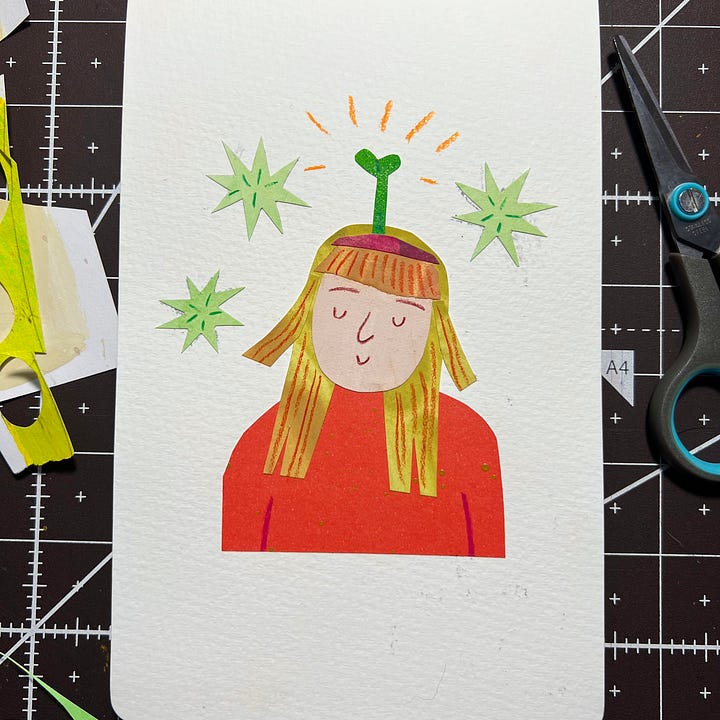 Two images. The right is a photo of a collage. In it, I've collaged a white girl with layered blonde hair wearing a green sprout headband. She's wearing an orange sweater with green stars around her head. The image on the left is the same collage with a forest green background.