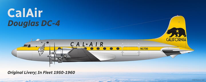 CalAir Douglas DC-3 (L) and Douglas DC-4 (R) in original 1950s livery, both shown in side view.