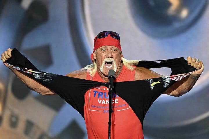 Governor Jim Justice of West Virginia, who spoke on the second night of the convention with his beloved Babydog at his side. Actor Hulk Hogan tears off his shirt during convention speech. Both scenes from the 2004 Republican National Convention.