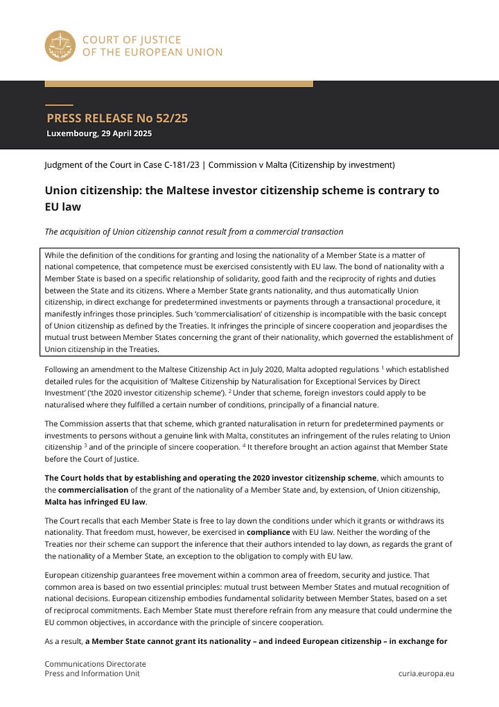 Press Release regarding the ECJ ruling on Malta's golden passports