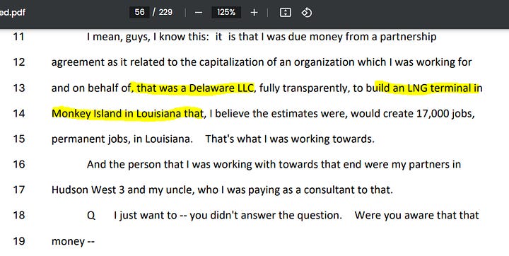 Hunter's Deposition response. Though this is a head fake as the Chinese had ZERO interest in Monkey Island with Greg Michaels. Instead they sought Magnolia & Texas LNG. JiaQi Bao made that abundantly clear in her emails to Hunter November 2017.